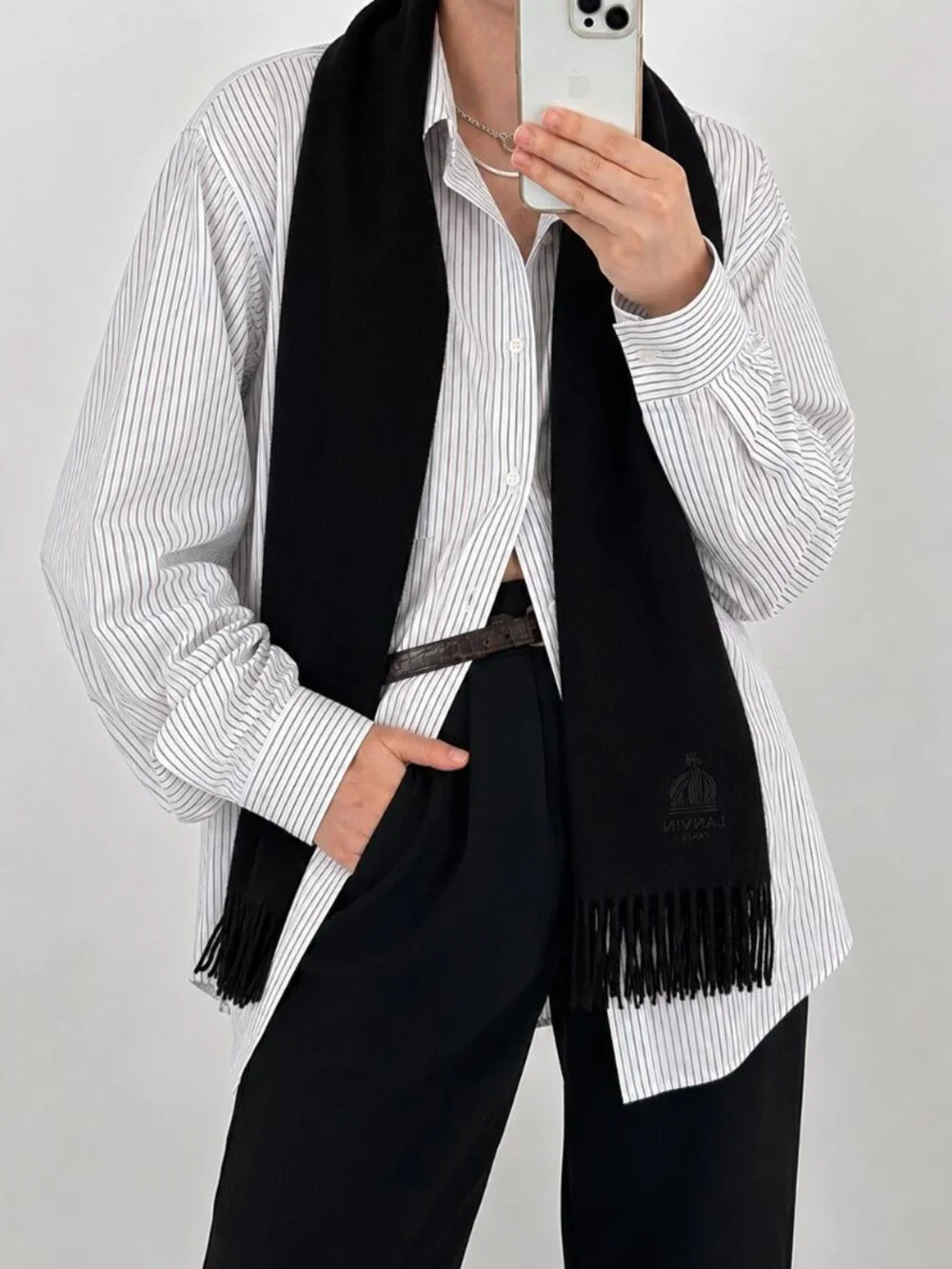 Vintage Lanvin Paris Wool Fringe Scarf Black